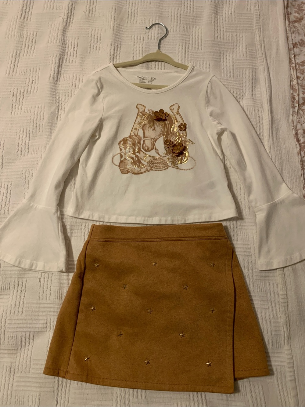 Rachel Zoe White Long Sleeve Top with Gold Horse and Floral Appliqué with skirt